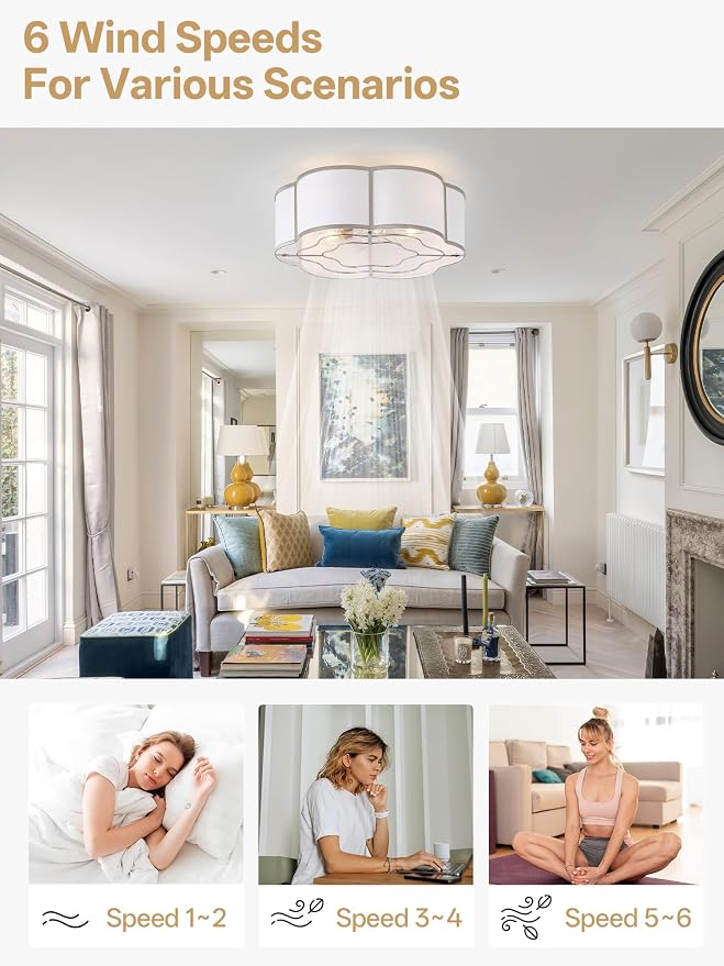 20" Boho Ceiling Fan with Lights Flush Mount, Silver Enclosed Ceiling Fans with Lights Remote Control, Caged with 6 Speeds for Bedroom, Living Room, Nursery