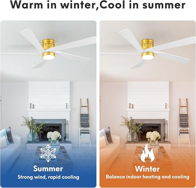 EKIZNSN 72 Inch Modern Low Profile Ceiling Fan with Lights for Living Room, 5 Walnut Wood Blades, 6-Gear Speed, 110V Noiseless Reversible DC Motor (Gold Finish with White Blades)