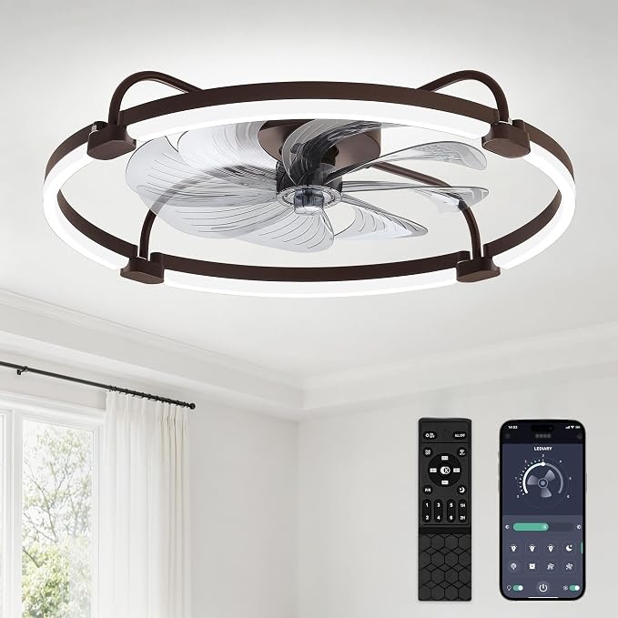 LEDIARY Ceiling Fans with Lights and Remote, Low Profile fan Light, Brown | 24 Inch 3000K-6000K Stepless Dimmable Fandelier, Reversible DC Motor, Remote and APP Control, Bedroom Kitchen Living Room