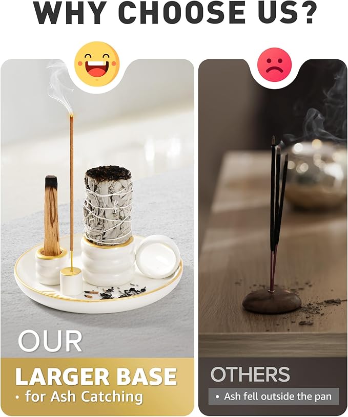 BS-VOG 4 in 1 Incense Holder, Palo Santo Holder for Burning Sage, Sticks & Candle, Ceramic Incense Burner with Handle, 5.9 Inch Ash Catcher Tray, Zen Decor for Meditation & Gift