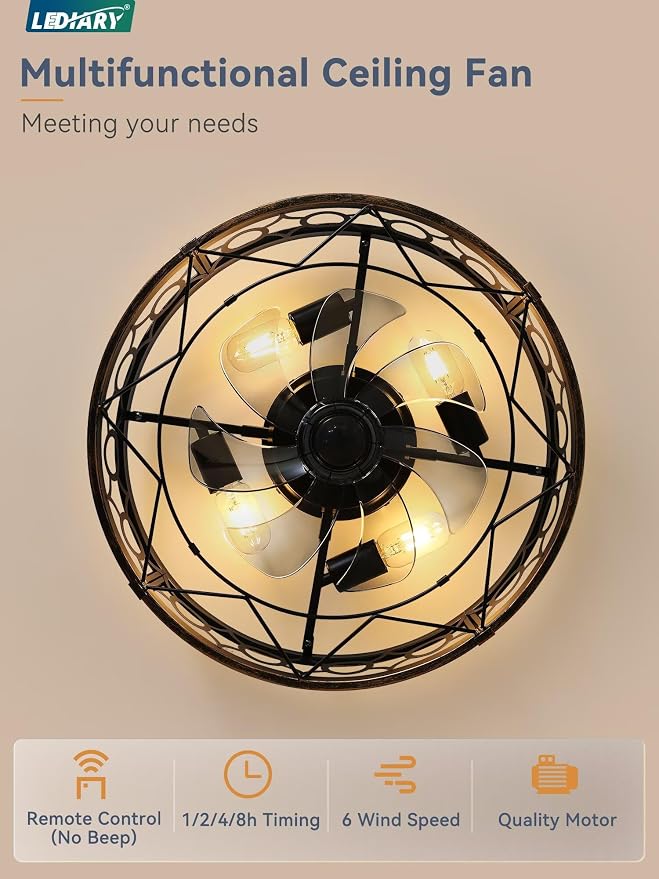 LEDIARY Caged Flush Mount Ceiling Fans with Lights, 20 Inch Farmhouse Low Profile Ceiling Fan with Remote, Small Bladeless Fan Lights Ceiling Fixtures for Bedroom, Kitchen- Black and Gold