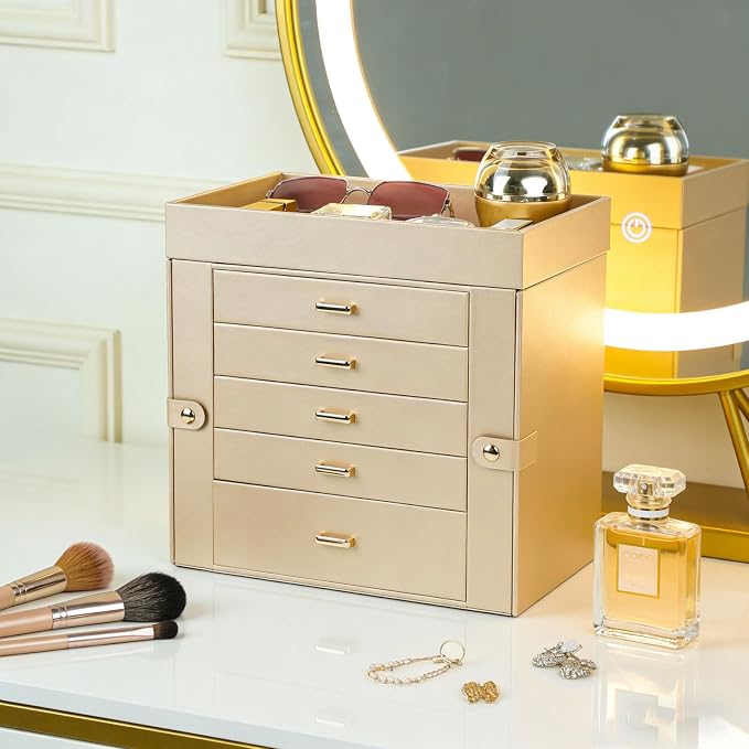 BOOVO Large Jewelry Boxes For Women (Gold, 6 Layer) | 6 Layers Jewelry Organizer Box With Cosmetic Storage Drawer, Necklace Ring Jewelry Organizer Box