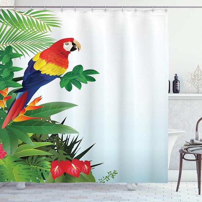 Ambesonne Parrots Shower Curtain, Macaw Bird in Tropical Forest Flowers Big Leaves Plants Wildlife Vibrant Color Art, Cloth Fabric Bathroom Decor Set with Hooks, 69" W x 84" L, Olive Green