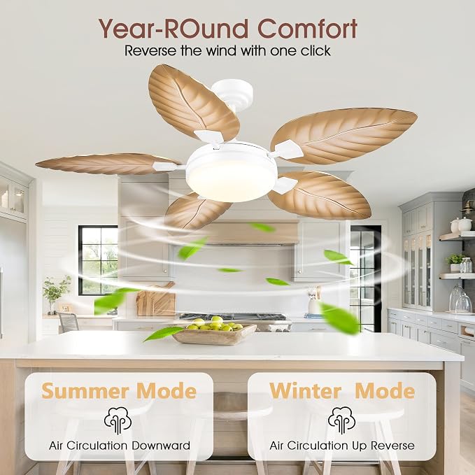 GJeg Tropical Ceiling Fans with Lights and Remote,52Inch Outdoor Palm Leaf Ceiling Fan for Patios Porch Bedroom, Dimmable LED Light, 6 Speeds, Reversible,Light Brown