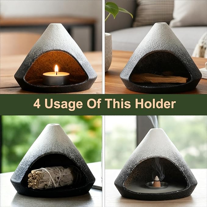 Ceramic Sage Smudging Holder, Pyramid Design Incense Burner with Smoke Outlet, 4.7 x 4.5 x 0.39 Inch, Black and White Glazed Finish (Black)
