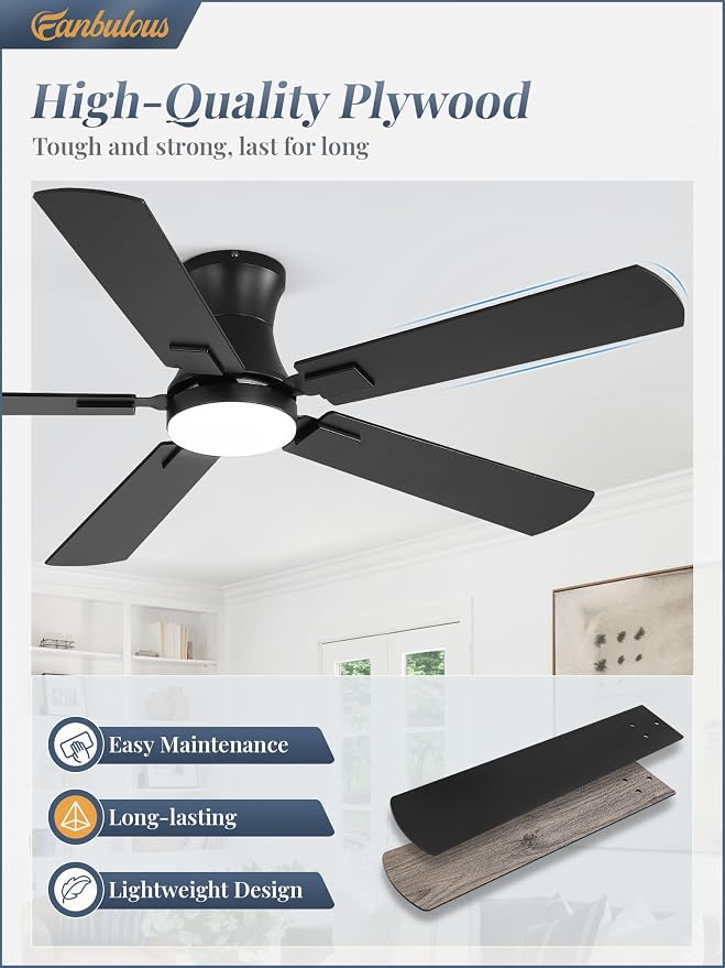 Fanbulous 52 inch ceiling fan with light, Low Profile Ceiling Fan with Light, App&Remote Control, Dimmable LED Light, Flush Mount Ceiling Fan for Indoor Bedroom Living Room, Qiuet DC Motor, Black