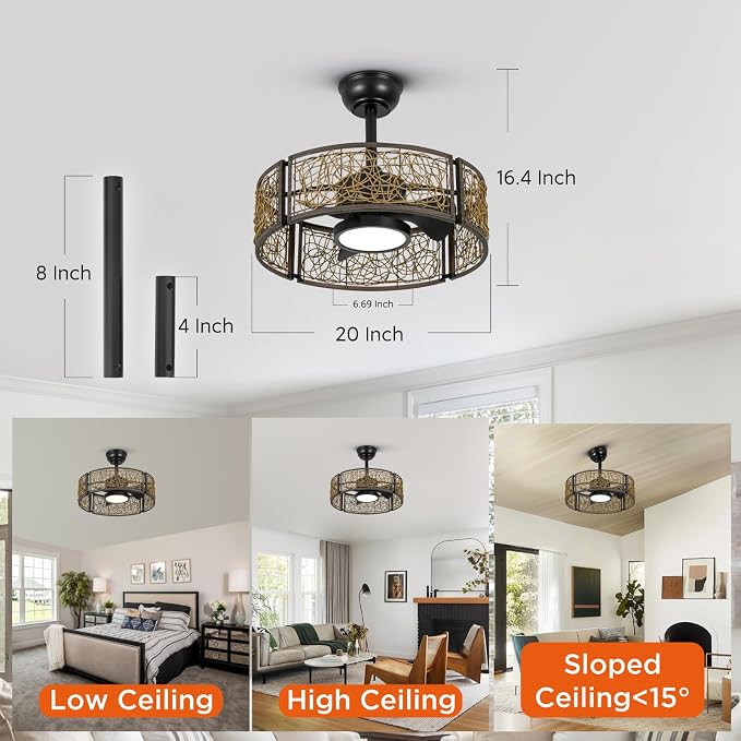 TALOYA 20 Inch Caged Ceiling Fans with Lights Chandelier Remote Control Flush Mount Low Profile for Bedroom Living Room Patio,Reversible,Buzzer Mute,Dimmable Led Light Included,Fandelier,Black