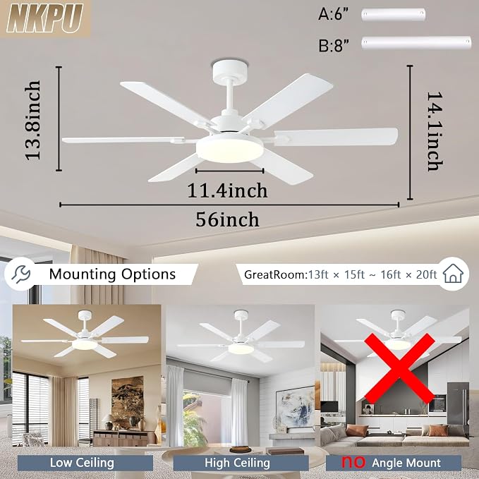 NKPU 56 Inch Ceiling Fans with Lights, Modern White Ceiling Fan with Light and Remote Control, 6 Double Sided Blades, 6 Speed Reversible Motor, Dimmable LED, Silent Timing, Indoor Outdoor Patio Use