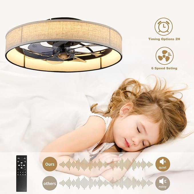 19.6" Low Profile Caged Ceiling Fan with Light and Remote,Flush Mount Smart Fandelier, 6 Speed Settings, Adjustable 3000K-6500K LED, Bladeless Fabric Design, Modern Farmhouse Ceiling Fans for Bedroom