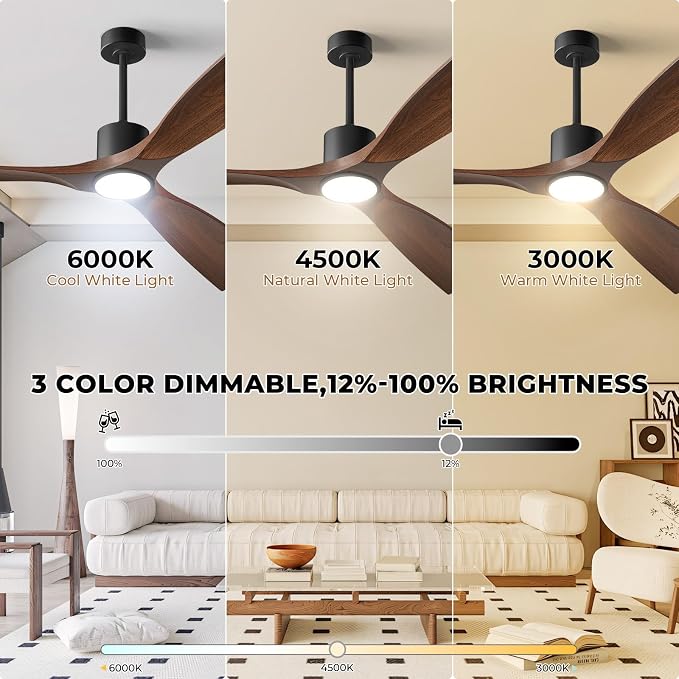 52" Smart Ceiling Fan with Lights,Outdoor Ceiling Fan Compatible with Alexa/Google/App/Remote,3-Color Light 6-Speed Quiet Reversible DC Motor for Patio Bedroom Living Room,Dark Walnut
