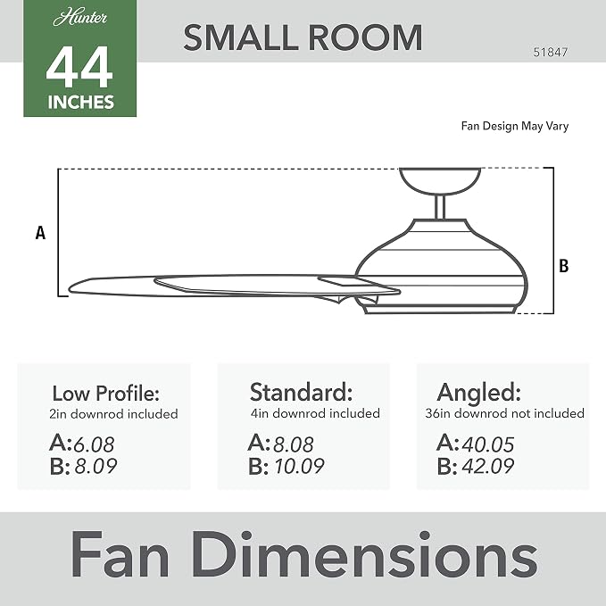 Hunter Presto, Indoor, Ceiling Fan, No Light, Modern, 44 inch, Matte Black | Standard Mount, Wall Control, 3 Blades, For Bedroom, Living Room, Kitchen, 51847