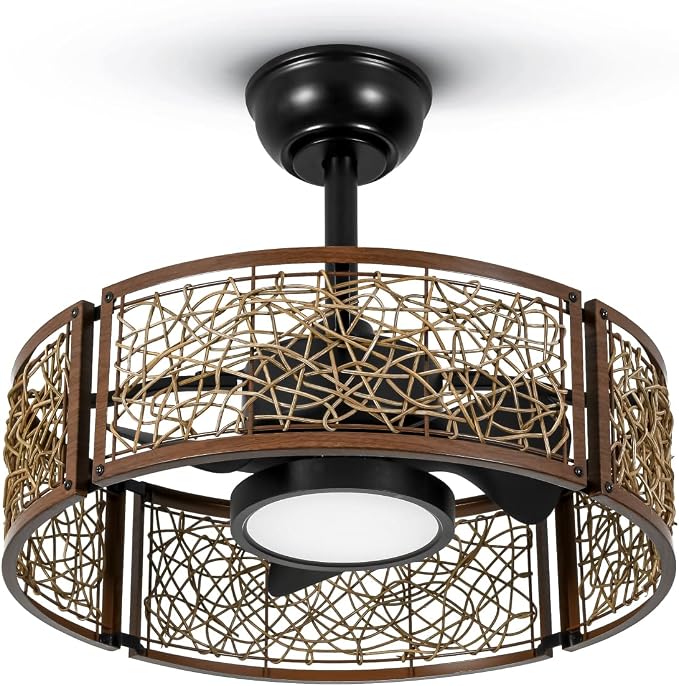 TALOYA 20 Inch Caged Ceiling Fans with Lights Chandelier Remote Control Flush Mount Low Profile for Bedroom Living Room Patio,Reversible,Buzzer Mute,Dimmable Led Light Included,Fandelier,Black Walnut