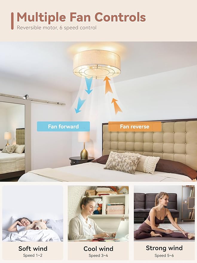 Low Profile Ceiling Fans with Lights, 20" Boho Rattan Ceiling Fan with Light Flush Mount and Remote Control, Drum Caged with 6 Speeds for Bedroom, Nursery, Living Room