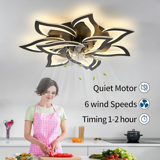 32inch Black Flower Modern Ceiling Fans with Lights, Low Profile Ceiling Fan with Remote for Bedroom, Flush Mount Ceiling Fan with LED Dimmable Light,6-Speeds, Timing Ceiling Fan Light