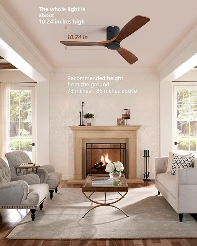Sofucor Ceiling Fan No Light, 52 Inch Flush Mount Ceiling Fan With Remote Control, Indoor/Outdoor Ceiling Fans Without Lights, Reversible DC Motor, 3 Blade Solid Wood Ceiling Fans for Bedroom Patio