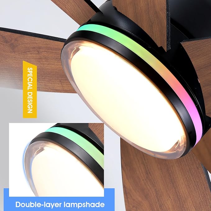 Kviflon 46 In Ceiling Fans with RGB Lights, Low Profile Ceiling Fan Remote/APP Control, Flush Mount, Double-Sided 6 Reversible Blades, RGB+3CCT Dimmable Lights, Double Lampshade for Bedroom, Brown