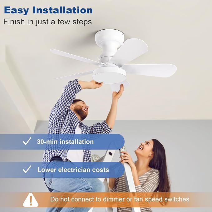 Depuley Small Ceiling Fan with Lights: 28-Inch Flush Mount Fan with Light and Remote - White Low Profile Ceiling Fans Reversible Quiet DC Motor for Bedroom Living Room Indoor Outdoor