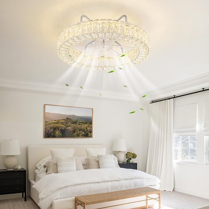 Fandelier Flush Mount Ceiling Fan with Lights and Remote Dimmable Crystal Ceiling Fan Chandelier 6 Wind Speeds 3 Color Bedroom Kids Room Living Room