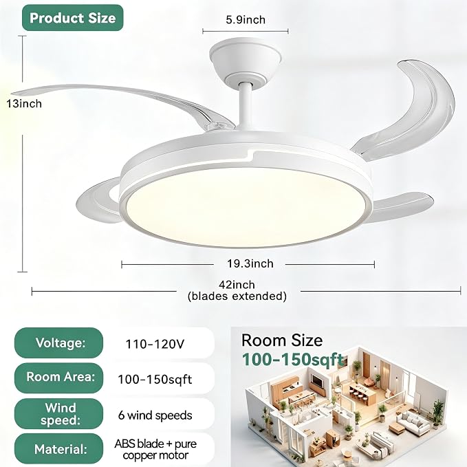 Retractable Ceiling Fans with Lights and Remote, 42 Inch White Chandelier LED Fan, 20W Energy Saving,Memory Function,Timer Setting,Ultra Quiet Invisible Blades Fan for Kitchen, Bedroom