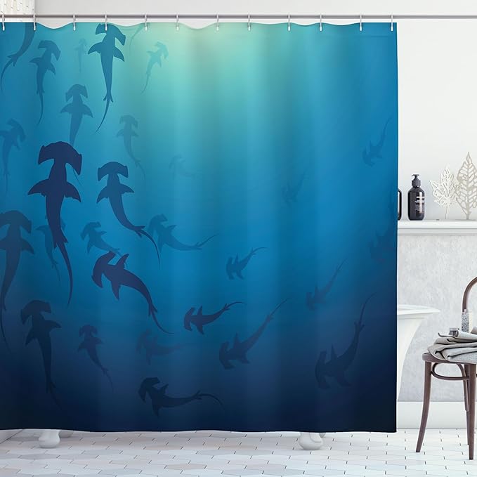 Ambesonne Sea Animals Shower Curtain, Hammerhead Shark Scan Ocean Dangerous Predator Wild Nature Illustration, Cloth Fabric Bathroom Decor Set with Hooks, 69" W x 70" L, Navy Blue