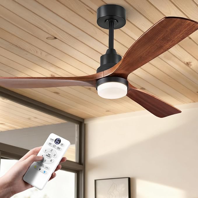 Ceiling Fans with Lights and Remote, 52 Inch Outdoor Ceiling Fan for Patios, 3 Wood Blades Smart Ceiling Fan with Lights,Works with Alexa/Google/WIFI/App Control Compatible,Quiet DC Motor,Dark Walnut