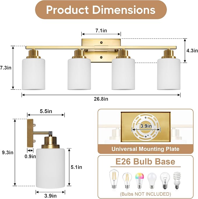 Ascher Bathroom Light Fixtures, 4-Light Vanity Light Over Mirror, Gold Wall Sconces with Milky White Frosted Glass Shades, Wall Lamp for Living Room Bedroom, E26 Base(Bulbs Not Included)