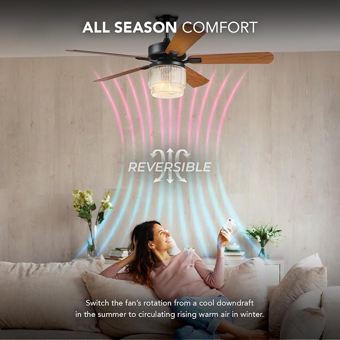 52" Matte Black 2-Light Indoor/Covered Outdoor Ceiling Fan with Glass Shade and Remote Control | WhisperQuiet DC Motor, 6 Speeds, Reversible Blades, Reversible Airflow, Remote Included, Bulbs Sold Separately