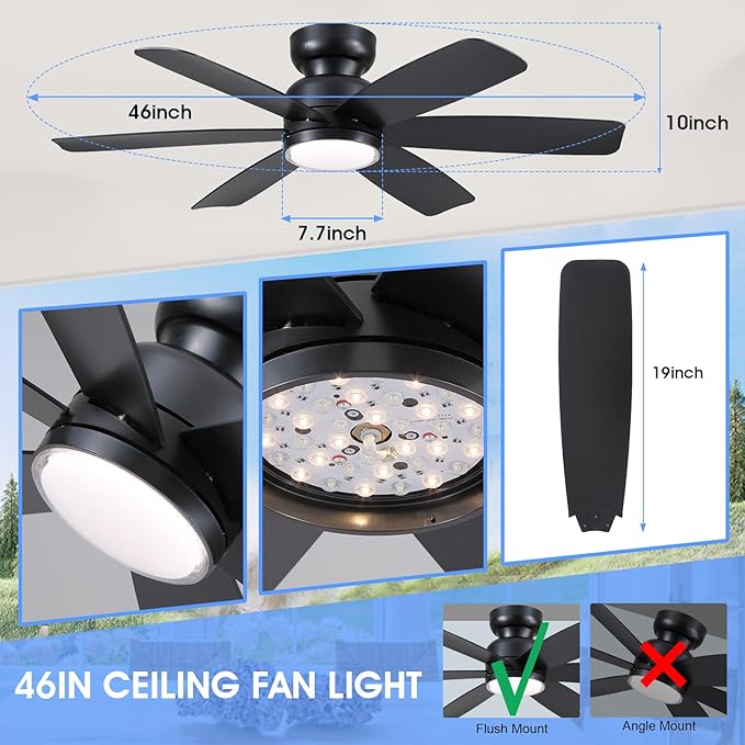 Kviflon 46 Inch Modern Ceiling Fans with Lights Remote Control, Low Profile Flush Mount Ceiling Fan, 6 Reversible Plastic Blades, 6 Speeds 3 CCT Dimmable LED Lights for Bedroom Living Room, Black