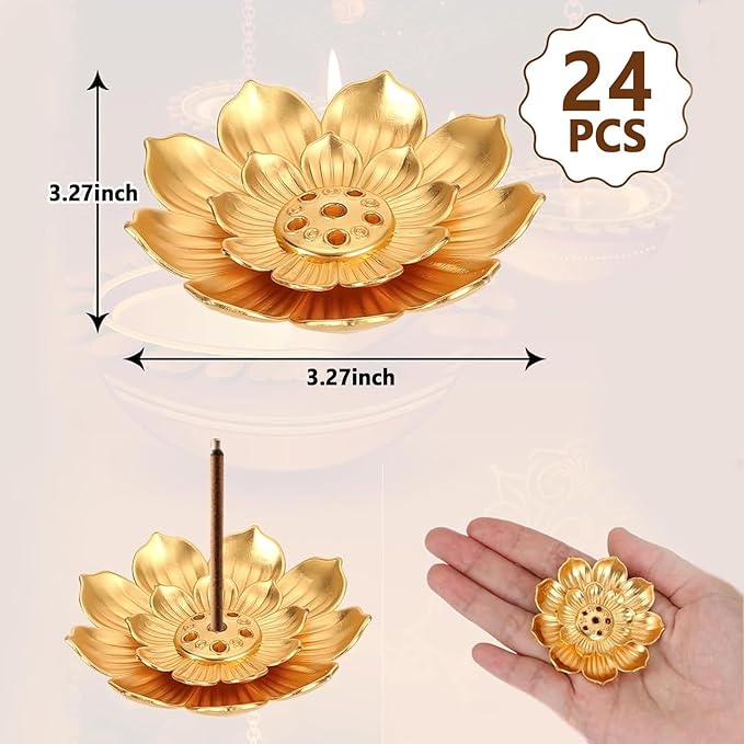 24PCS Large Lotus Incense Holder, 4.2’’ Gold Incense Burner for Sticks & Cones, Stable Metal Ash Catcher, Lotus Incense Holder for Meditation Yoga Home Decor