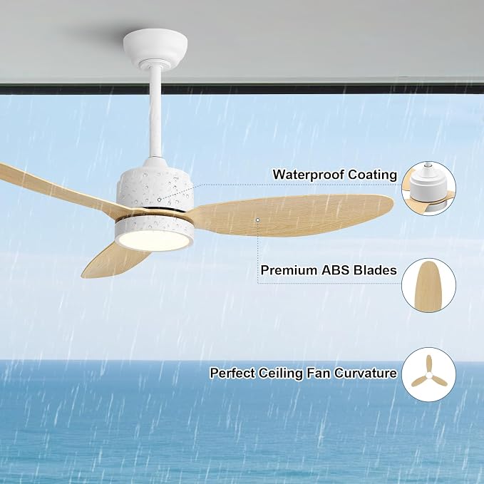 WINGBO 42" Outdoor Ceiling Fans with Lights, Wet Rated Waterproof Indoor Ceiling Fan with Remote, 3 ABS Blades Modern Ceiling Fan,Quiet 6-Speed DC Motor, for Porch Patios Bathroom, White+Light Wood