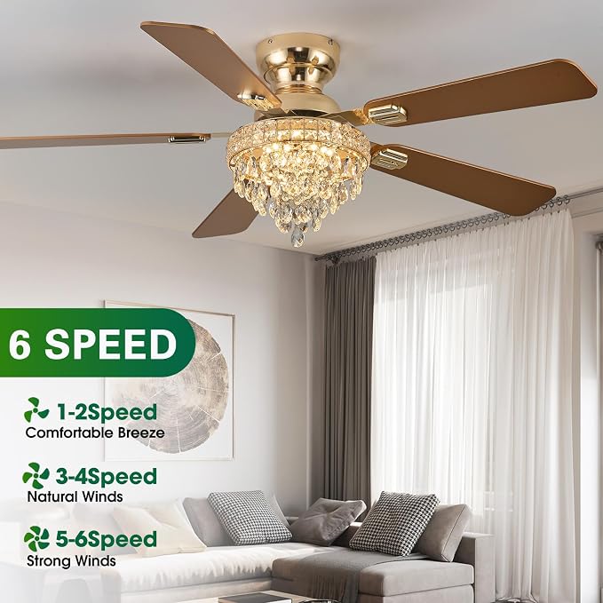 52“ Crystal Ceiling Fans with RGB Lights, Remote/App Control, Luxury Fandelier Ceiling Fan Flush Mount, Reversible DC Motor, Dimmable, Bedroom Chandelier Fan, (Gold)