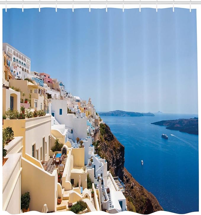Ambesonne European Shower Curtain, Cityscape on The Edge of Cliff Greece Island Land with Mediterranean Culture Theme, Cloth Fabric Bathroom Decor Set with Hooks, 69" W x 75" L, Ecru
