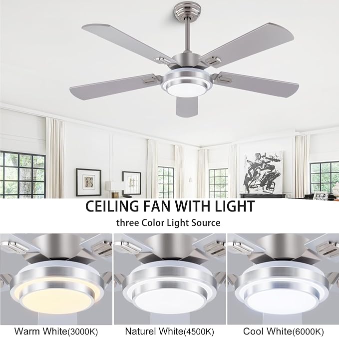 QUTWOB 52" Brushed Nickel Ceiling Fans,Farmhouse 5 Blades Ceiling Fans with Lights, Indoor/Outdoor Ceiling Fan with Remote Control for Patio, Bedroom,Living Room,Dining Room,etc. (Sliver)