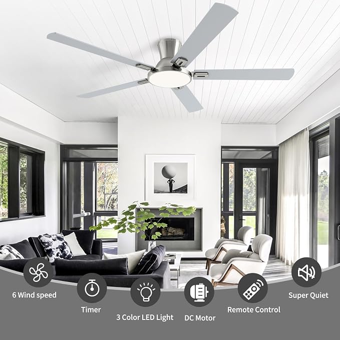 60 Inch Brushed Nickel Ceiling Fans with Lights and Remote, Flush Mount Low Profile 5 Blades Ceiling Fan with 10 Inch Lighting Fixture, Quiet Reversible DC Motor for Living Room, Bedroom and Patio