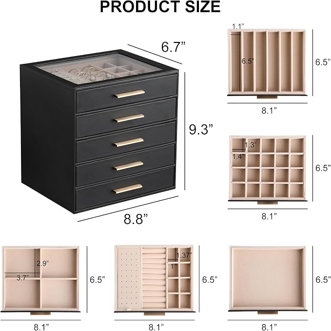 Frebeauty Jewelry Box for Women,Clear Lid Jewelry Organizer with 5 Drawers | Faux Leather,Velvet Lining,5-Layer Large Capacity,Jewelry Storage for Rings Earrings,Dustproof Design,Golden Stylish Handle
