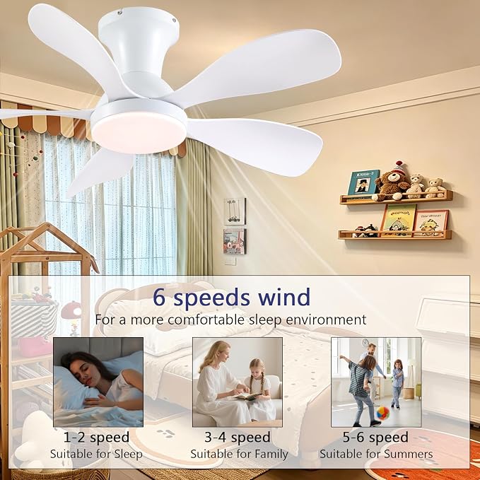 NKPU Ceiling Fans with Lights and Remote/APP Control, 33 Inch Low Profile Flush Mount Ceiling Fan with 3 Colors Dimmable LED, Reversible 6 Speeds DC Motor for Outdoor Patio, Kids Room, Bedroom, White
