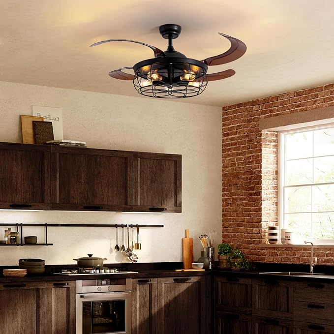 48" Retractable Ceiling Fan with Lights and Remote, Rustic Fandelier Ceiling Fan Black Bladeless Industrial Ceiling Fan for Farmhouse Living Room Dining Room Bedroom Kitchen Garage