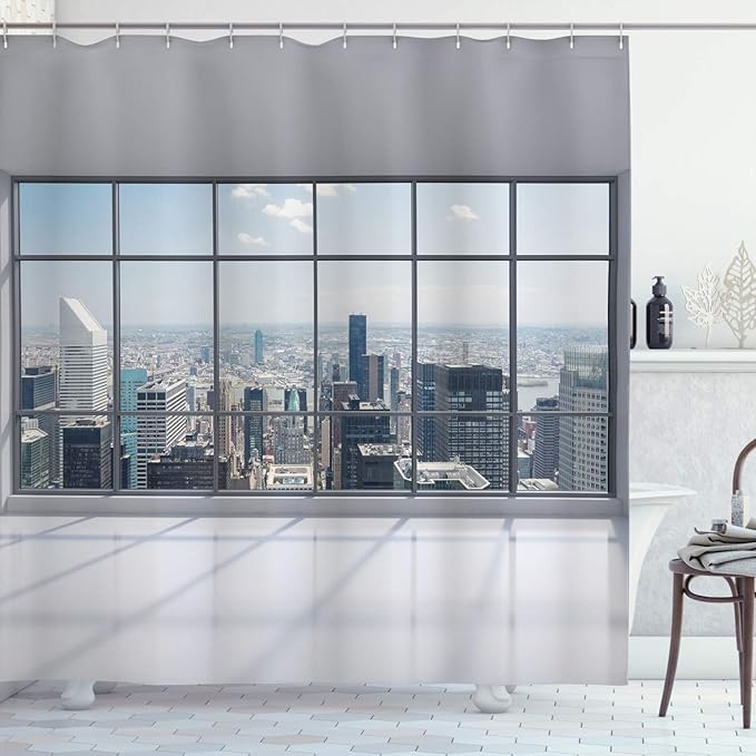 Ambesonne City Shower Curtain, Clean Office with Big Window Downtown Skyscraper Buildings Domestic Cityscape Art, Cloth Fabric Bathroom Decor Set with Hooks, 69" W x 70" L, Grey White