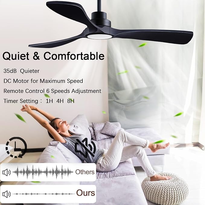 52-inch Silent Ceiling Fan Light with Remote Control, Black Wood Finish. | 3CCT, mobile app, full memory function, for use in living rooms, dining rooms, bedrooms, offices, balconies, and outdoors.