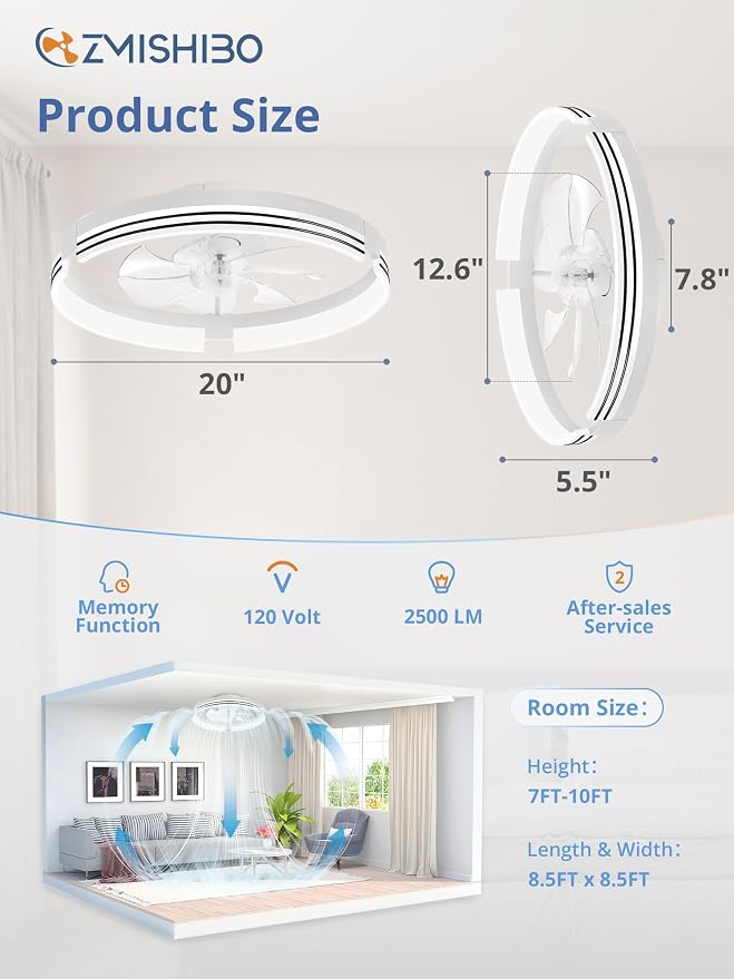 ZMISHIBO Low Profile Ceiling Fans with Lights and Remote, 20 Inch Flush Mount Ceiling Fan with Light, 3000K-6000K Dimmable Fandelier LED Fan Light, 6 Wind Speeds White Ceiling Fans for Bedroom