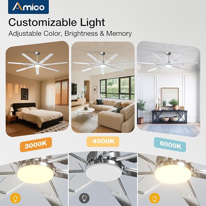 Amico Ceiling Fans with Lights,74 inch Nickel Ceiling fan with Light and Remote, 6 Speed Reversible DC Motor, 3CCT, Dimmable, Quiet, Timer, Outdoor Ceiling Fan for Patio, Living room, Indoor/Outdoor