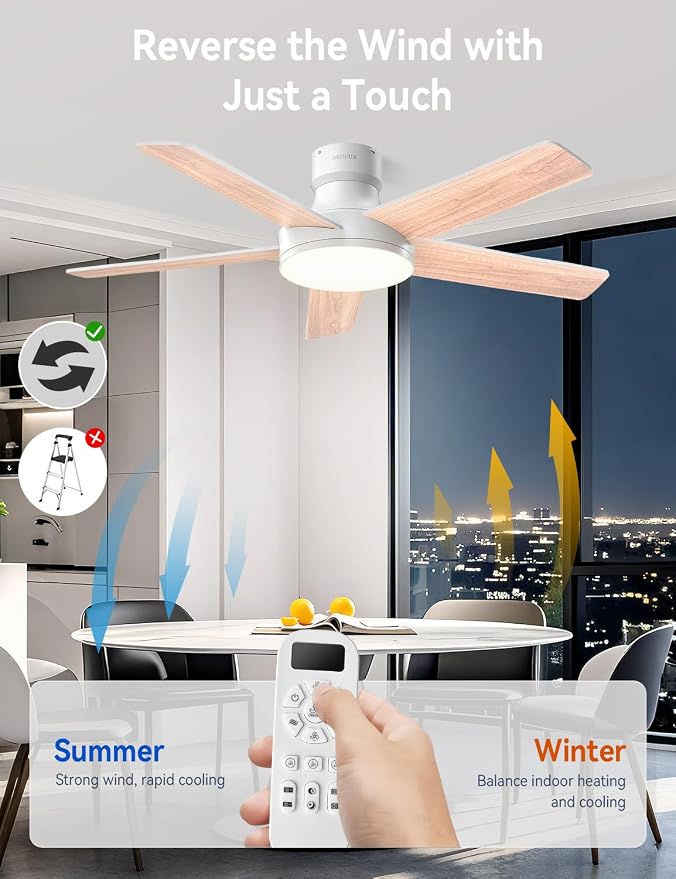 AKOFUN Ceiling Fans with Lights and Remote, Low Profile Ceiling Fan with Light, 6 Speed, Dimmable, DC Motor, Quiet, Timer, Modern LED Ceiling Fan for Bedroom Living Room 44 inch, White
