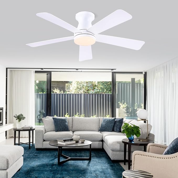 46"Modern White Low Profile Flush Mount Ceiling Fans with Light and Remote | Flush Mount ,Super Large Airflow with 6 Wind Speeds, Reversible, Dimmable 3 CCT LED Light, Quiet 30W DC Motor,2H Timer