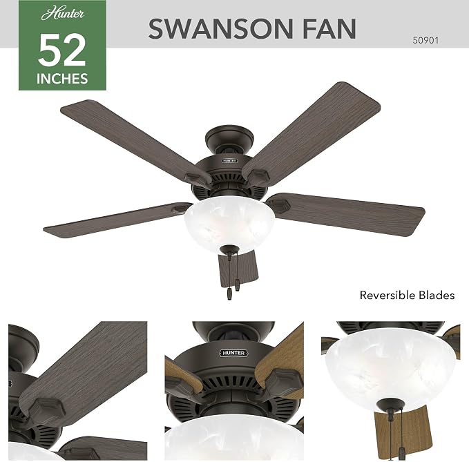 Hunter Swanson, Indoor, Ceiling Fan, with LED Light, 52 inch, New Bronze | Standard Mount, Pull Chain, 5 Blades, For Bedroom, Living Room, Kitchen, 50901