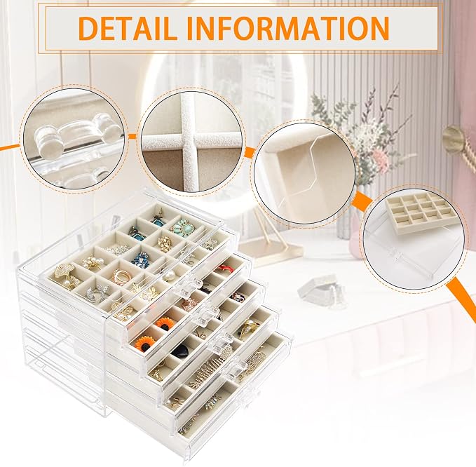 Watpot Acrylic Jewelry Box 5 Drawers Clear Earring Storage Organizer Display Case