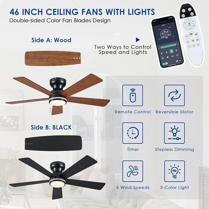 Brown RGB Ceiling Fans with Lights - 46" Flush Mount Ceiling Fan with Remote APP, RGB+3CCT Dimmable Led Light, Reversible 6 Wind Speeds&2H Timer, Low Profile Modern Fan Light Fixture for Bedroom Party