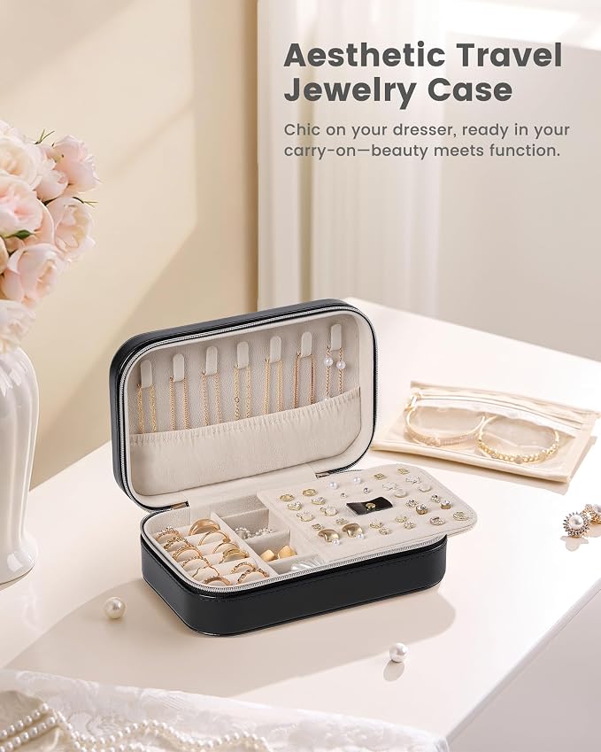 Lolalet Travel Jewelry Case for Women Girls, PU Leather Jewelry Organizer with Clear Storage Bag Small Portable Jewelry Box for Necklace Bracelet Earring Ring Birthday Bridesmaid Gifts -Medium/Black