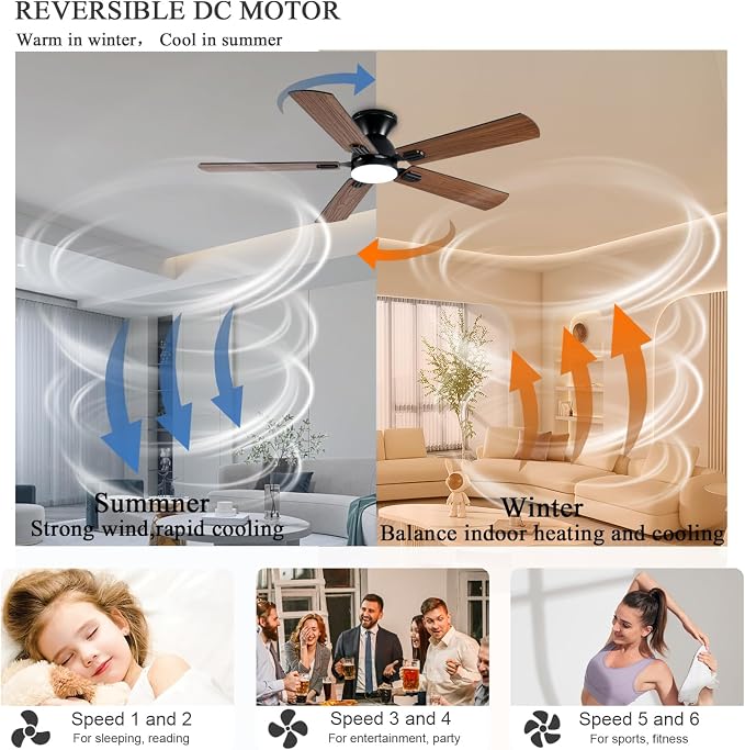 GJeg Ceiling Fans with Lights, 52 Inch Low Profile Ceiling Fan with Light and Remote, Flush Mount Ceiling Fan, 3CCT, Dimmable, Noiseless, Ceiling Light Fan for Bedroom, Indoor/Outdoor Use,Brown