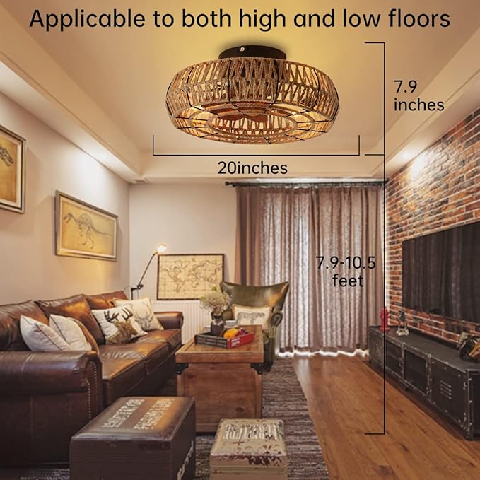 20" Boho Caged Bladeless Ceiling Fans with Lights and Remote | Flush Mount Low Profile Ceiling Fan Light. Silent 6 Speed Reversible Motor, Hand-knitting for Living Room Bedroom w/ 4 bulbs.