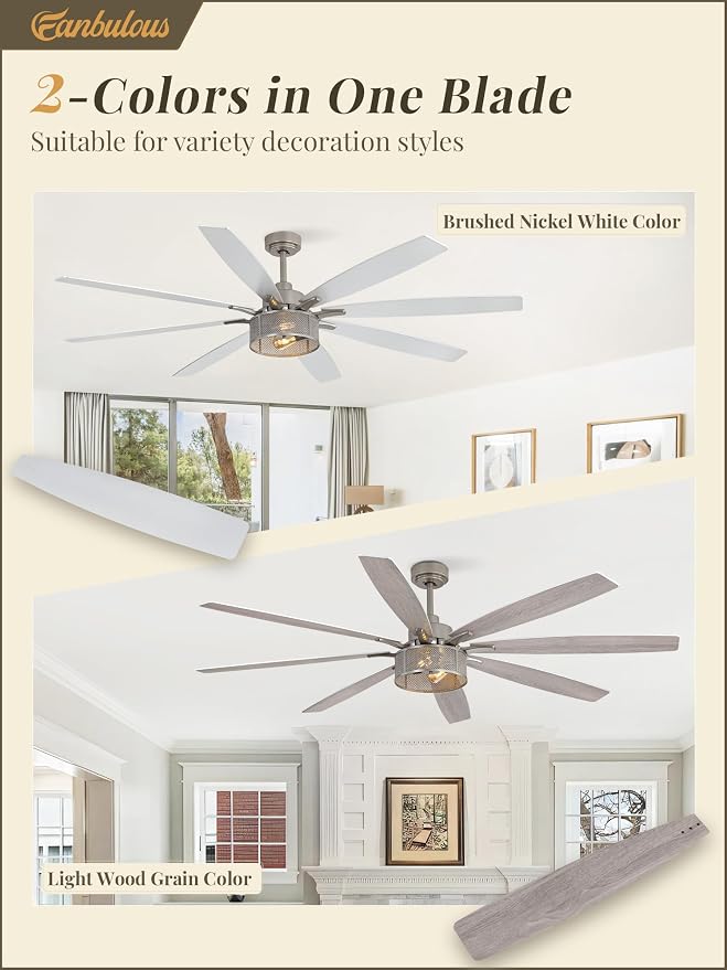 Fanbulous Farmhouse Ceiling Fans with Lights and Remote, 72 Inch Brushed Nickel Industrial Caged Ceiling Fans for Bedroom Living Room Kitchen, 6 Speed Reversible Quiet DC Motor, Dual Finish 8 Blades